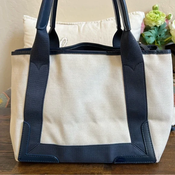Balenciaga $1,200 Cabas Canvas Navy Leather Trim Tote Bag